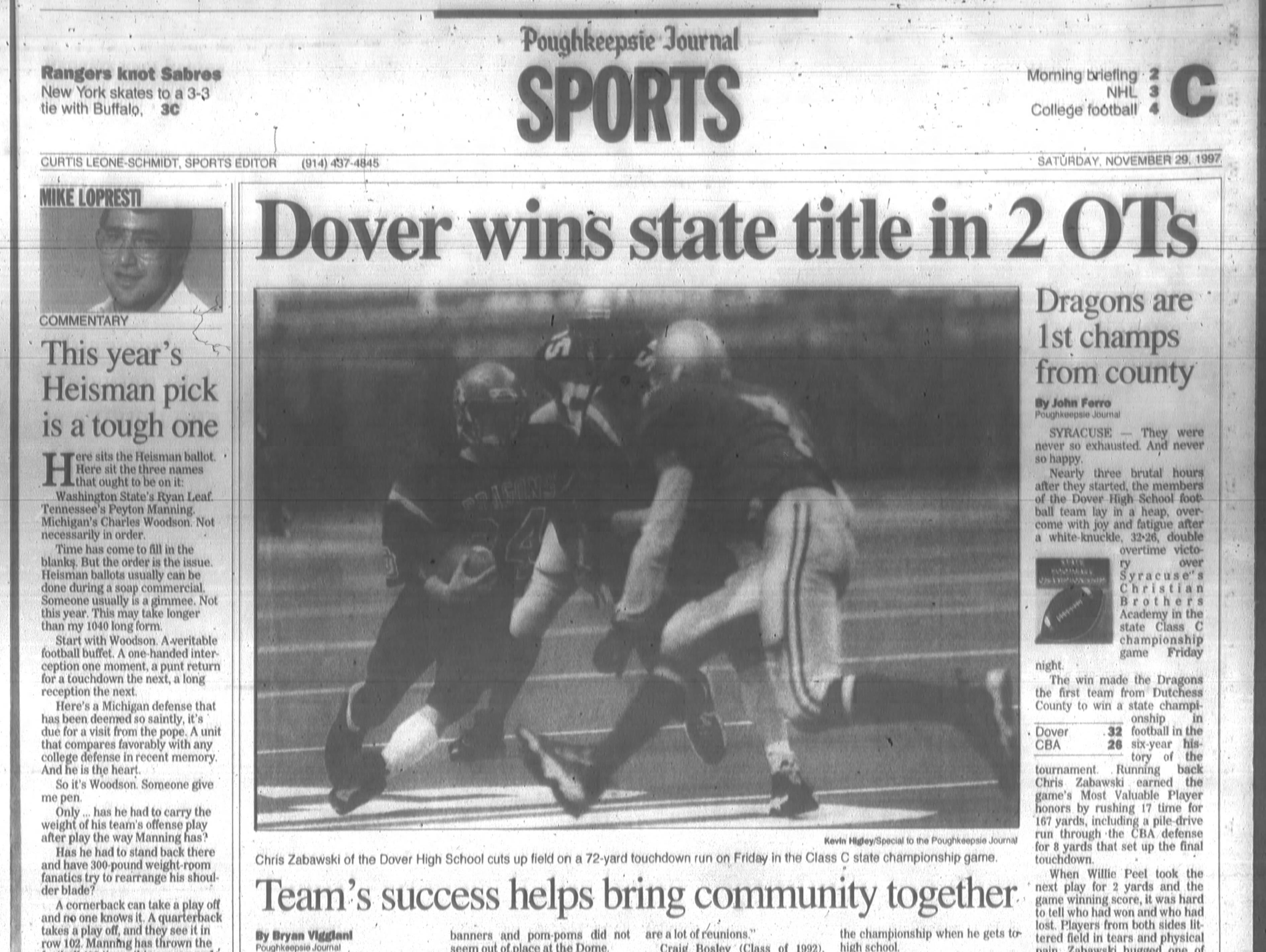 The Nov. 29, 1997 cover of the Journal's Sports section featured Dover High School's state football championship.