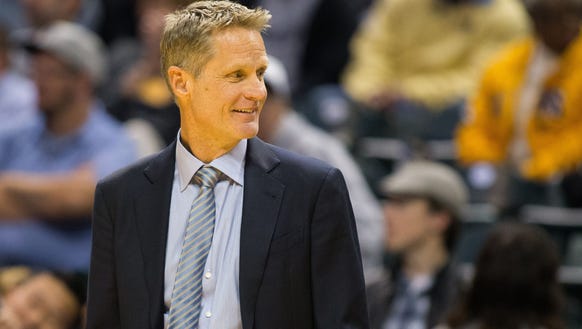 Golden State Warriors head coach Steve Kerr reacts