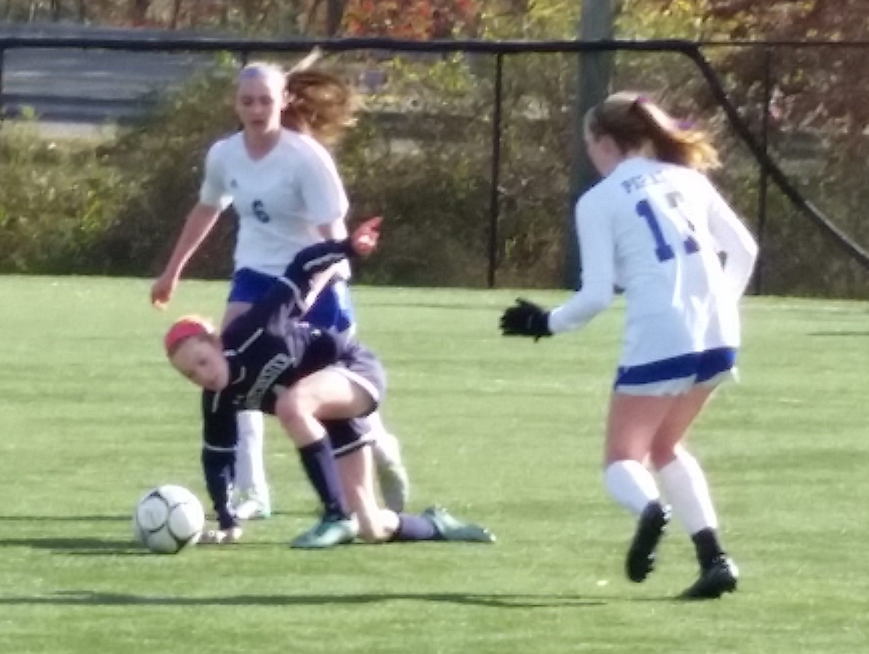 Eastchester's Ailish Fay (4) and Pearl River's Sarah Donovan (6) battle for possession during a Section 1, Class A girls soccer semifinal game against Eastchester at World Class FC in Orangeburg on Friday, Oct. 28th, 2016. Pearl River won 2-0.