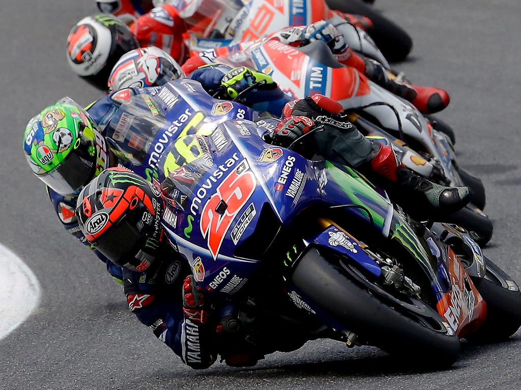 Spain's Maverick Vinales leads the pack of riders during the Italian Moto GP grand prix at the Mugello circuit, in Scarperia, Italy.