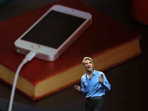 Apple Senior Vice President of Software Engineering Craig Federighi speaks during the Apple Worldwide Developers Conference at the Moscone West center on Monday in San Francisco.