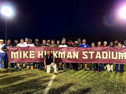 Longtime Florida High coach and athletic director Mike Hickman has retired, but for his 20 years of service at the school the football field was renamed in his honor.