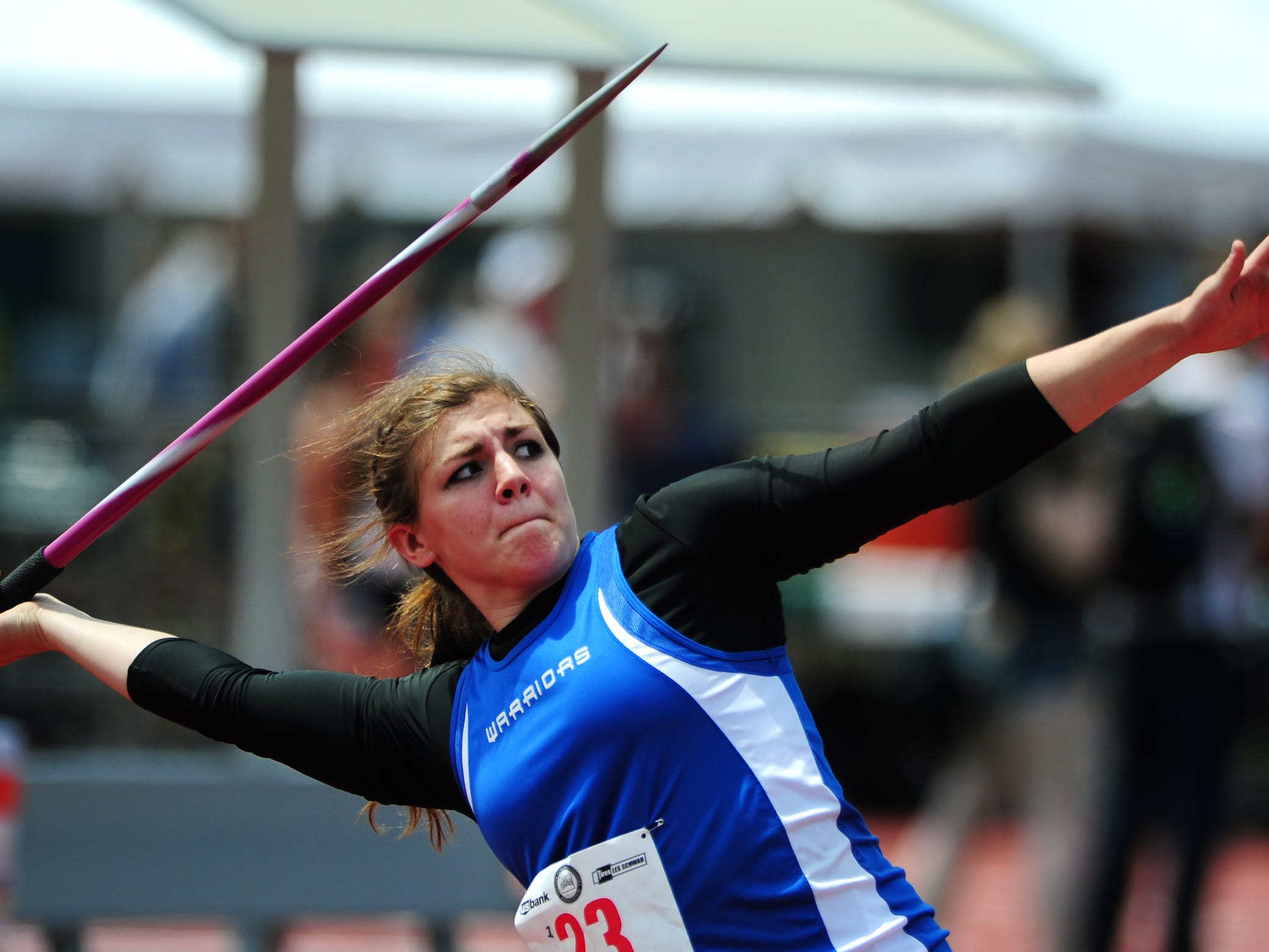 Amity javelin thrower Lindsay McShane competes during the OSAA Class 3A Track & Field Championships inside Hayward Field at the University of Oregon, on Thursday, May 21, 2015, in Eugene.