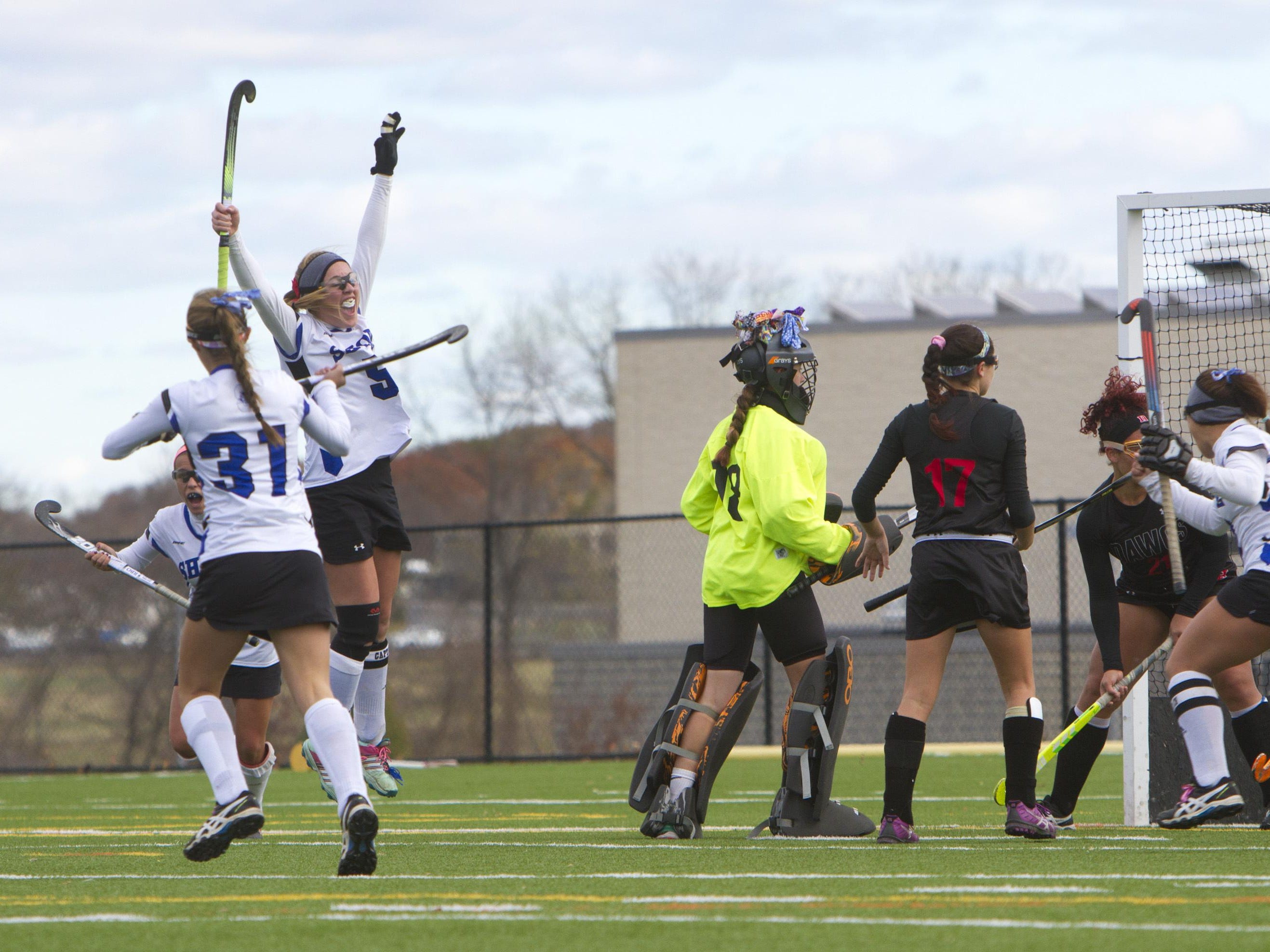 Shore Regional’s Jessica Welch jumps in the air as she celebrates the first of her two goals against Haddonfield in Saturday’s Group I final.