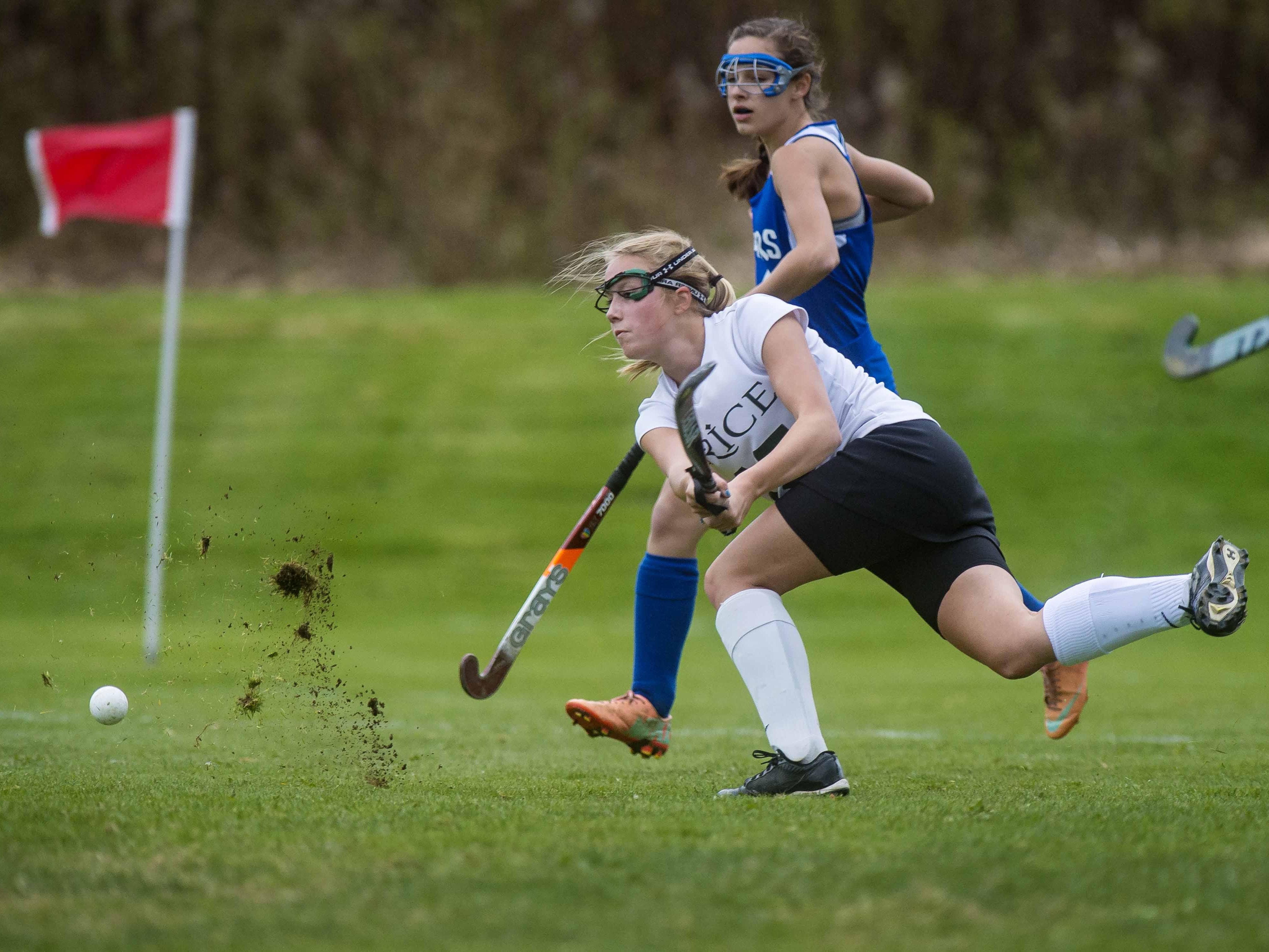 Rice’s Sierra Combs fires a shot against Colchester in Essex Junction on Tuesday.