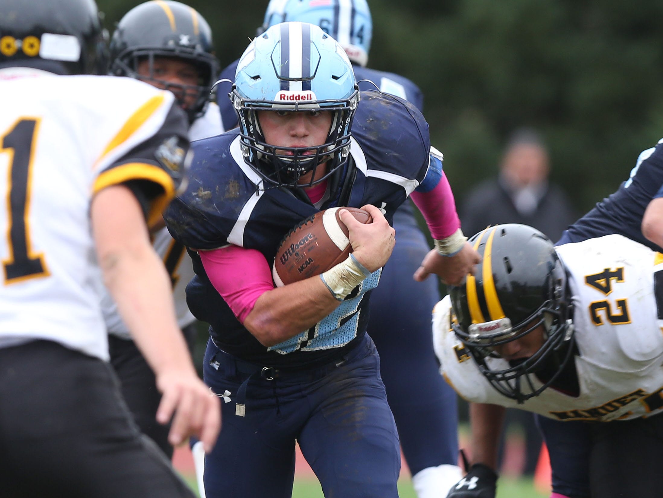 Westlake's Joseph Ferri (42) looks for some running room in the Nanuet defense on a second half run during football action at Westlake High School in Thornwood Oct. 1, 2016.