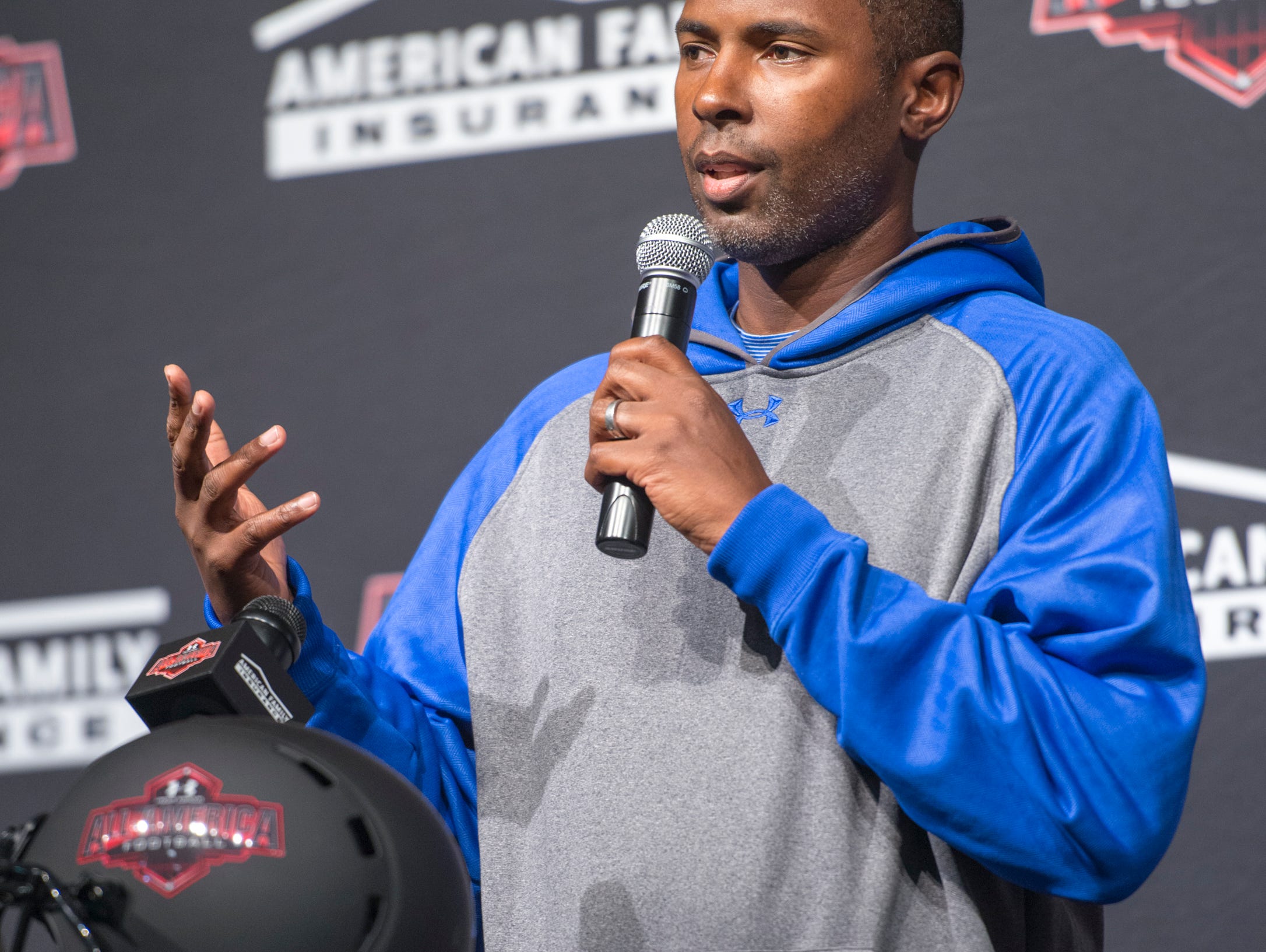Coach Charlie Ward speaks during the event announcing that football player Alex Leatherwood has been selected for the annual Under Armour High School All-America Game at Booker T. Washington High School in Pensacola on Wednesday, October 12, 2016. The game featuring more than 90 of the nation's best senior high school football players will be played on January 1, 2017.