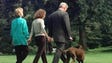 The first family walks with their dog, Buddy, to board