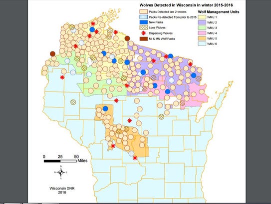 Wolves detected in Wisconsin in winter 2015-16 by location