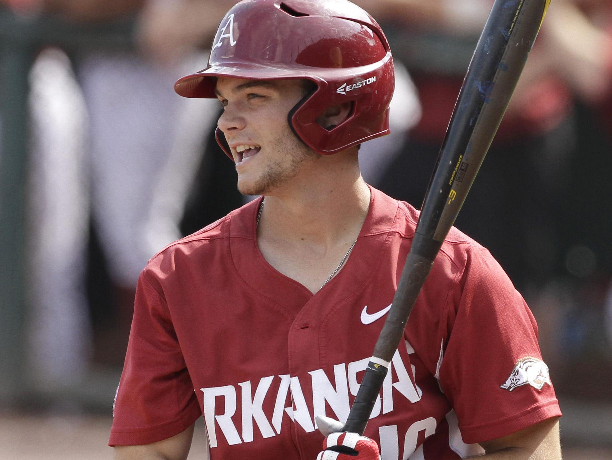 Arkansas’ Andrew Benintendi waits for a pitch during the third inning against Missouri State on June 5 in Fayetteville.
