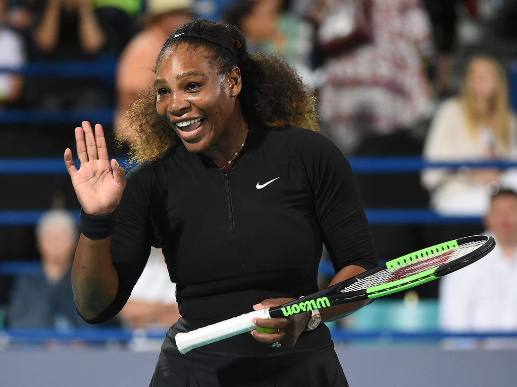 Serena Williams of United States smiles during her Ladies Final match against Jelena Ostapenko of Latvia on day three of the Mubadala World Tennis Championship at International Tennis Centre Zayed Sports City in Abu Dhabi, United Arab Emirates.