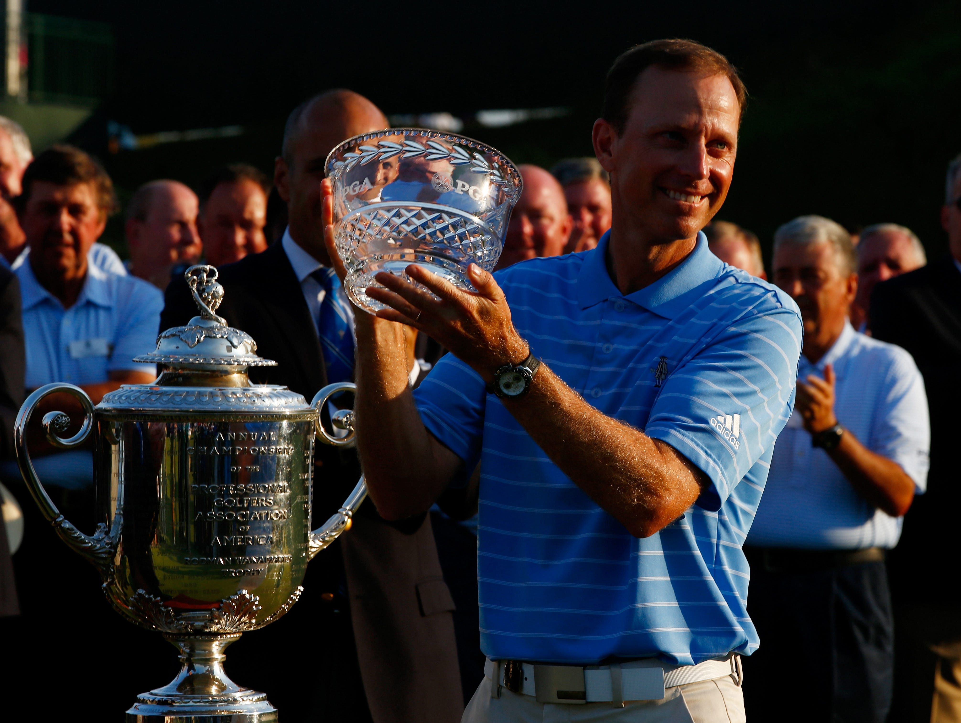 Brian Gaffney of the of Quaker Ridge Golf Club in Scarsdale poses at the awards ceremony after the final round of the 2015 PGA Championship at Whistling Straits on August 16, 2015 in Sheboygan, Wisconsin. Gaffney was the low club professional, and the only club pro to make the cut.