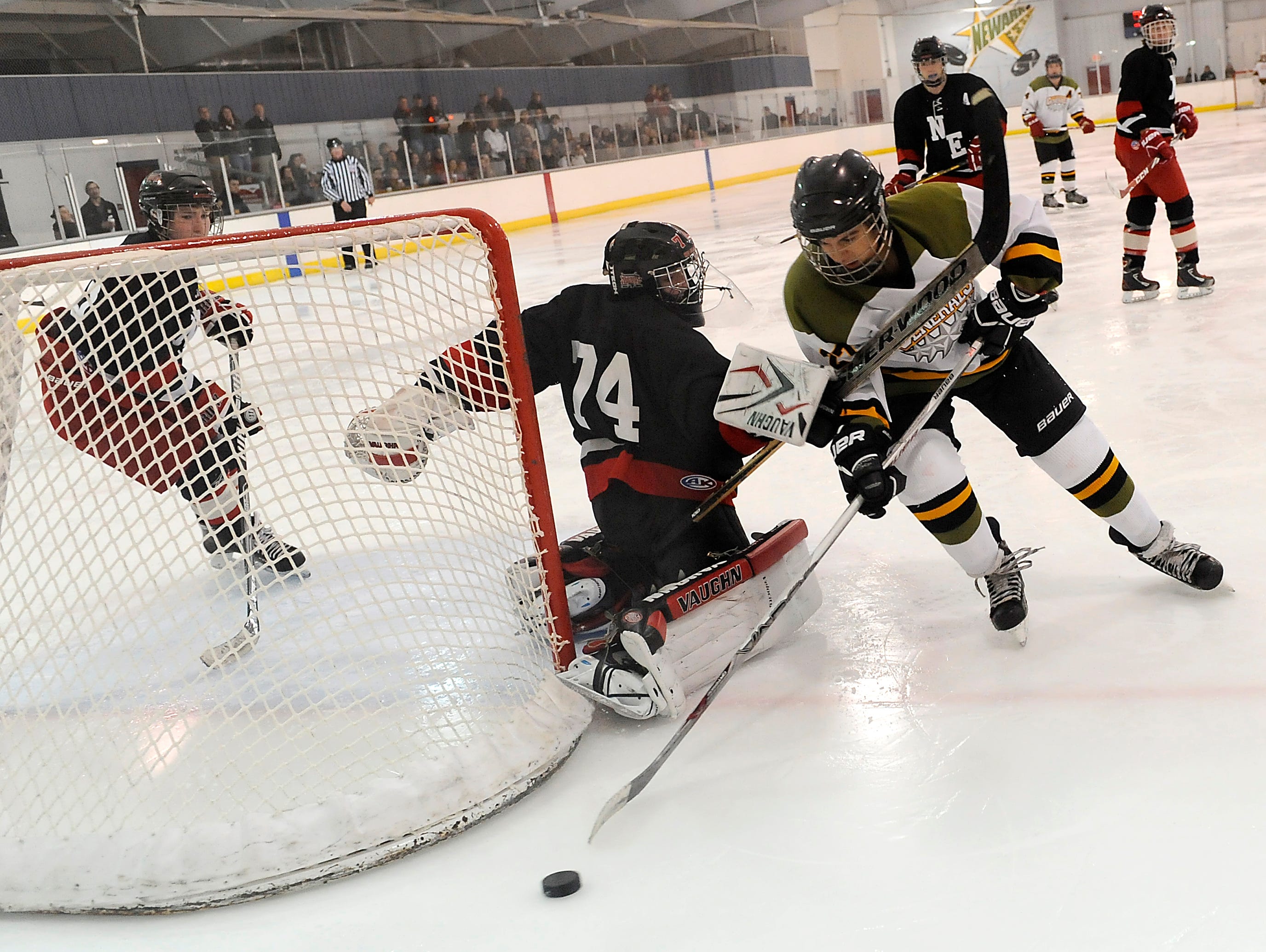 Northeast Storm goalkeeper Jake Deffet blocks Newark Generals' Reese Trowbridge from the net during the Generals 7-0 win on Thursday night.