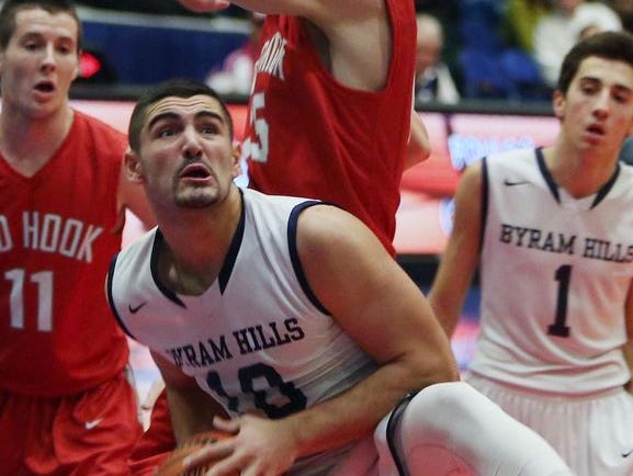 Lou Filippelli eyes the basket during Byram Hills' 53-45 win over Red Hook in the Class A state regional semifinals at the Westchester County Center on March 1, 2016.