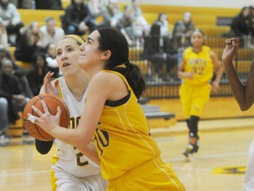 North Farmington junior Sophie Muller takes the ball to the basket in a game with Adams last season.