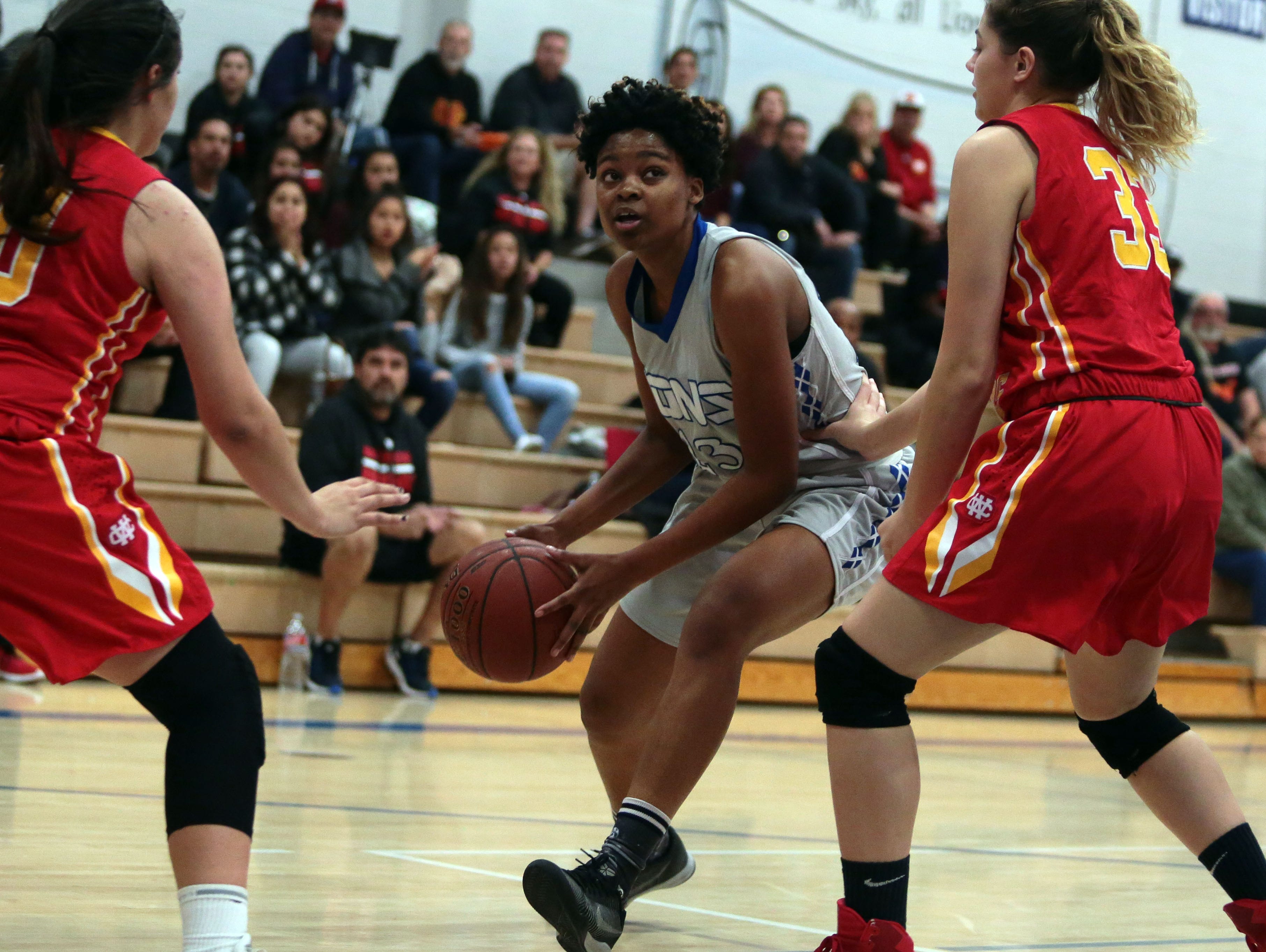 Cathedral City's Tatiana Witherspoon in action against Whittier Christian on Saturday, February 18, 2017 in Cathedral City.
