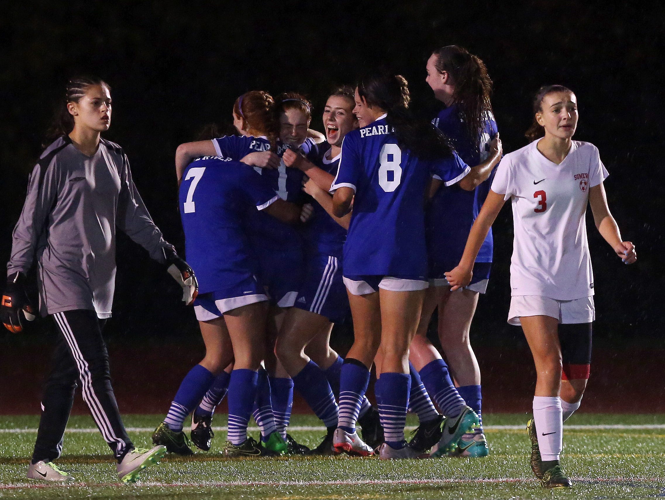 Pearl River players celebrate a second half go ahead goal by Shaelynn Guilfoyle against Somers in the girls soccer Section 1 Class AA championship game at Yorktown High School Oct. 30, 2016. Pearl River won the game 2-1.