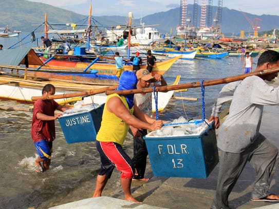 Filipino fishermen unload boxes of fish after coming