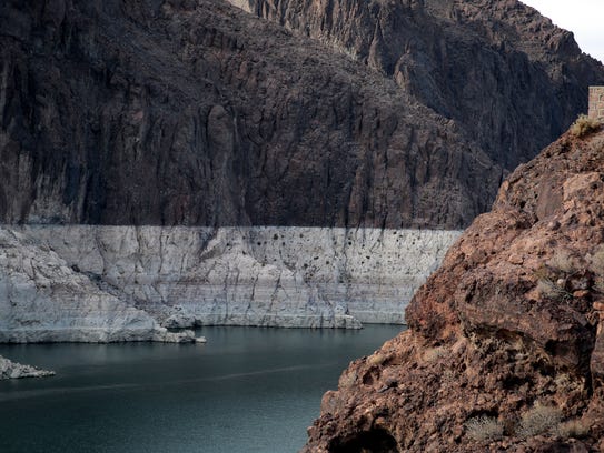 As Lake Mead has declined, a white "bathtub ring" has