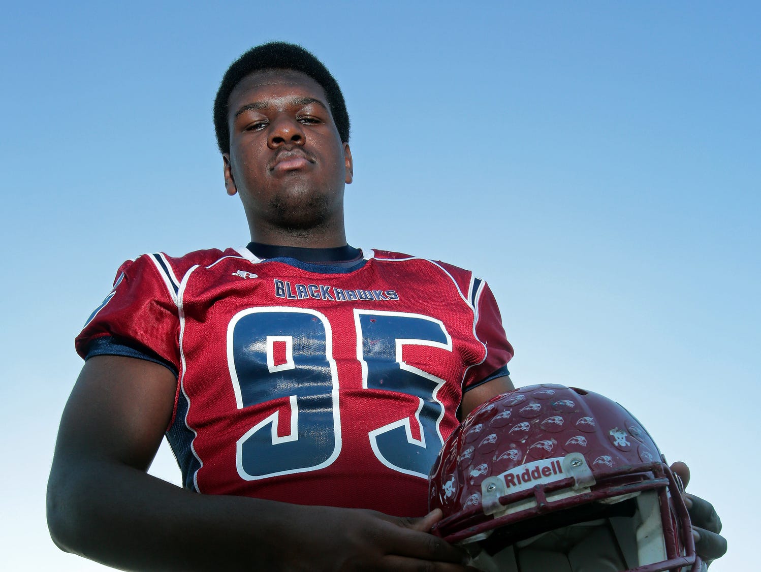 At 6-foot-5 and 270 pounds, La Quinta senior Charles Hays proved he is a force to be reckoned with on both offense and defense this season for the Blackhawks. Photographed in Palm Springs on Dec. 4.