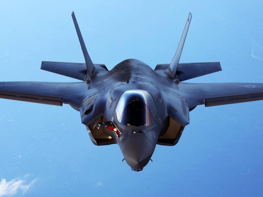 An F-35B joint strike fighter jet conducts aerial maneuvers