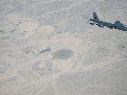A B-52 Stratofortress flies over Iraq April 21 on an
