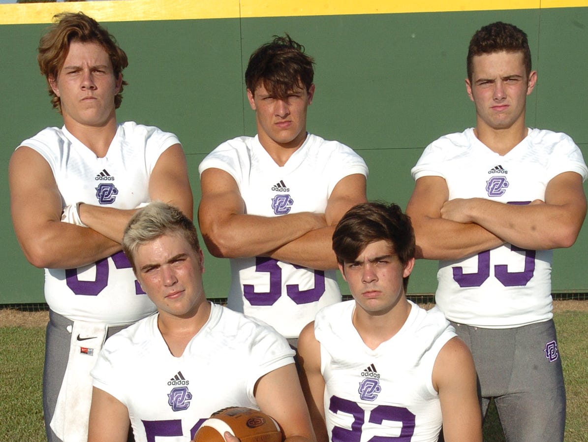 Opelousas Catholic’s returning defensive starters Caleb Theriot (84), Aaron Whipp (39), Eli Waters (33), Gaige St. Cyr (52) and Nick Mouret (22).