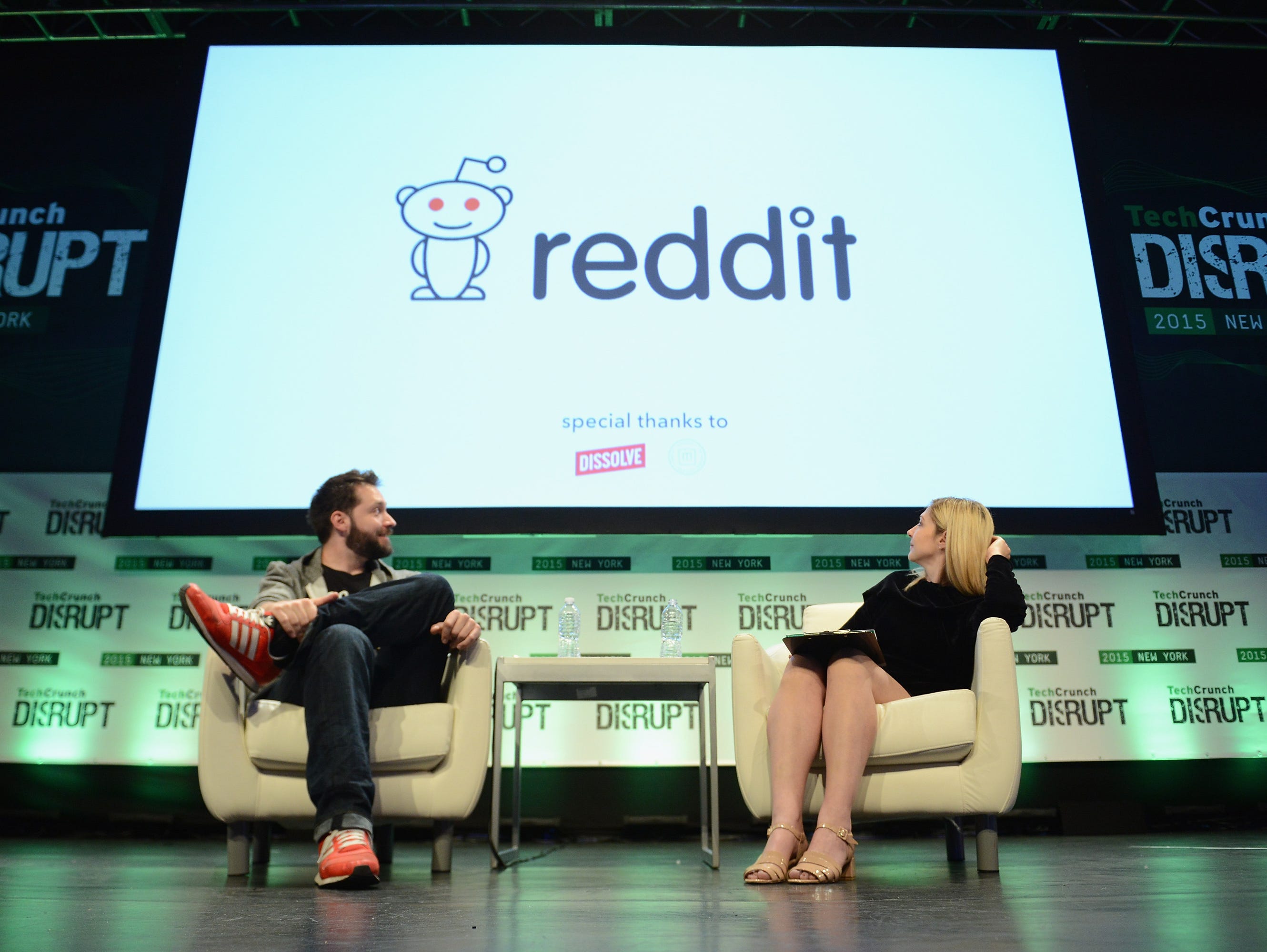 Co-Founder and Executive Chair of Reddit Alexis Ohanian, left, and co-editor at TechCrunch, Alexia Tsotsis, appear onstage during TechCrunch Disrupt New York on May 6, 2015.