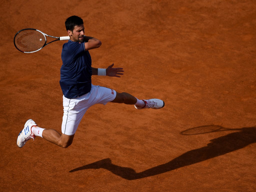 Novak Djokovic of Serbia plays a shot during his 3rd round match against Roberto Bautista of Spain in The Internazionali BNL d'Italia 2017 at Foro Italico in Rome, Italy.