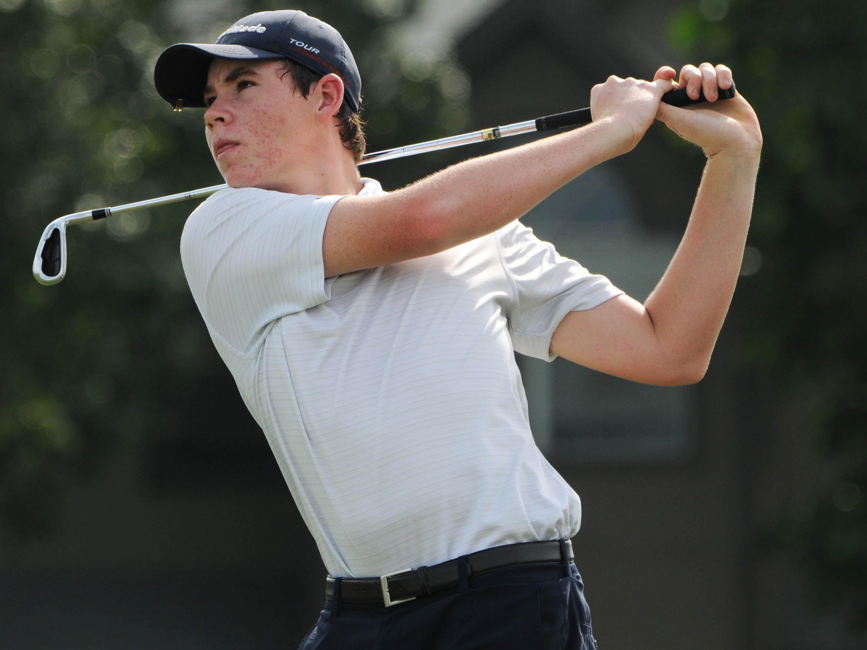 Carter Stewart of Eau Gallie drives the ball downrange during Thursday's match against Viera.