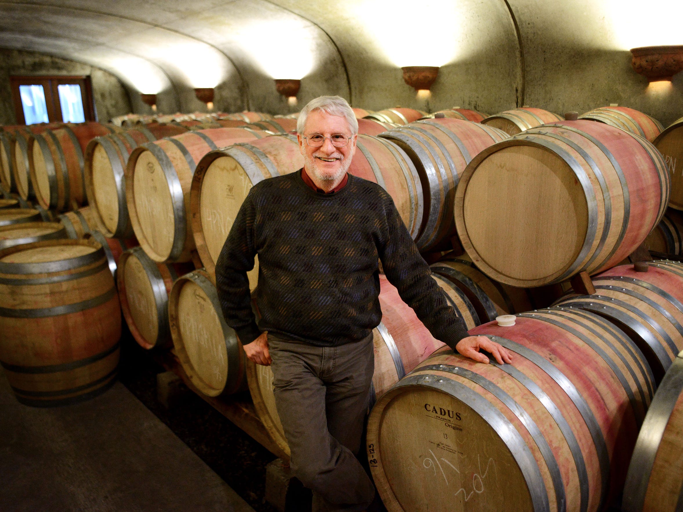 David Adelsheim inside the cellar at Adelsheim Vineyard