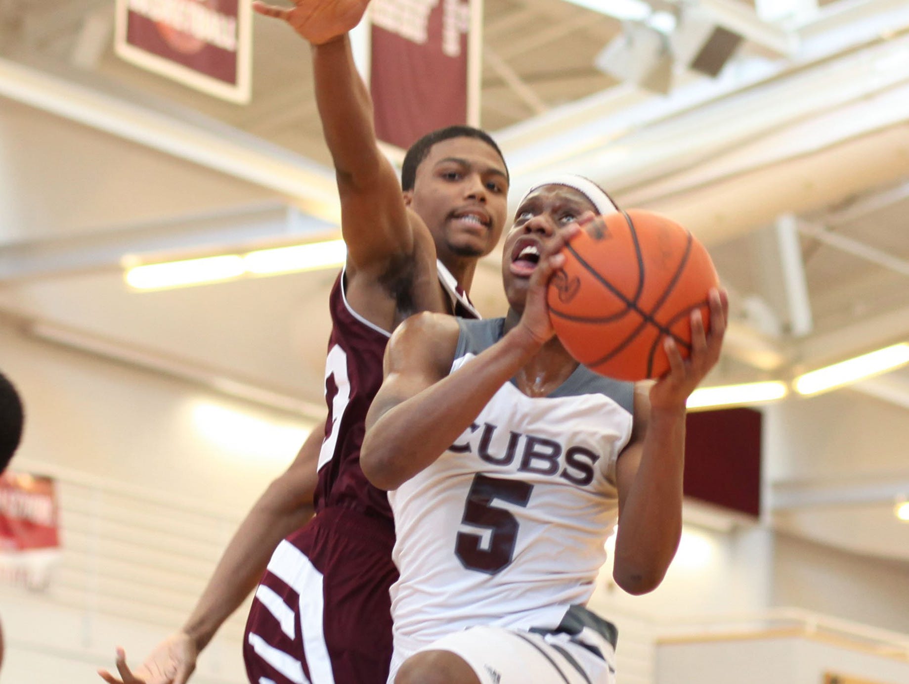 Renaissance's Daelyn Davis tries to block U-D Jesuit's Cassius Winston as he goes for a shot during a game.