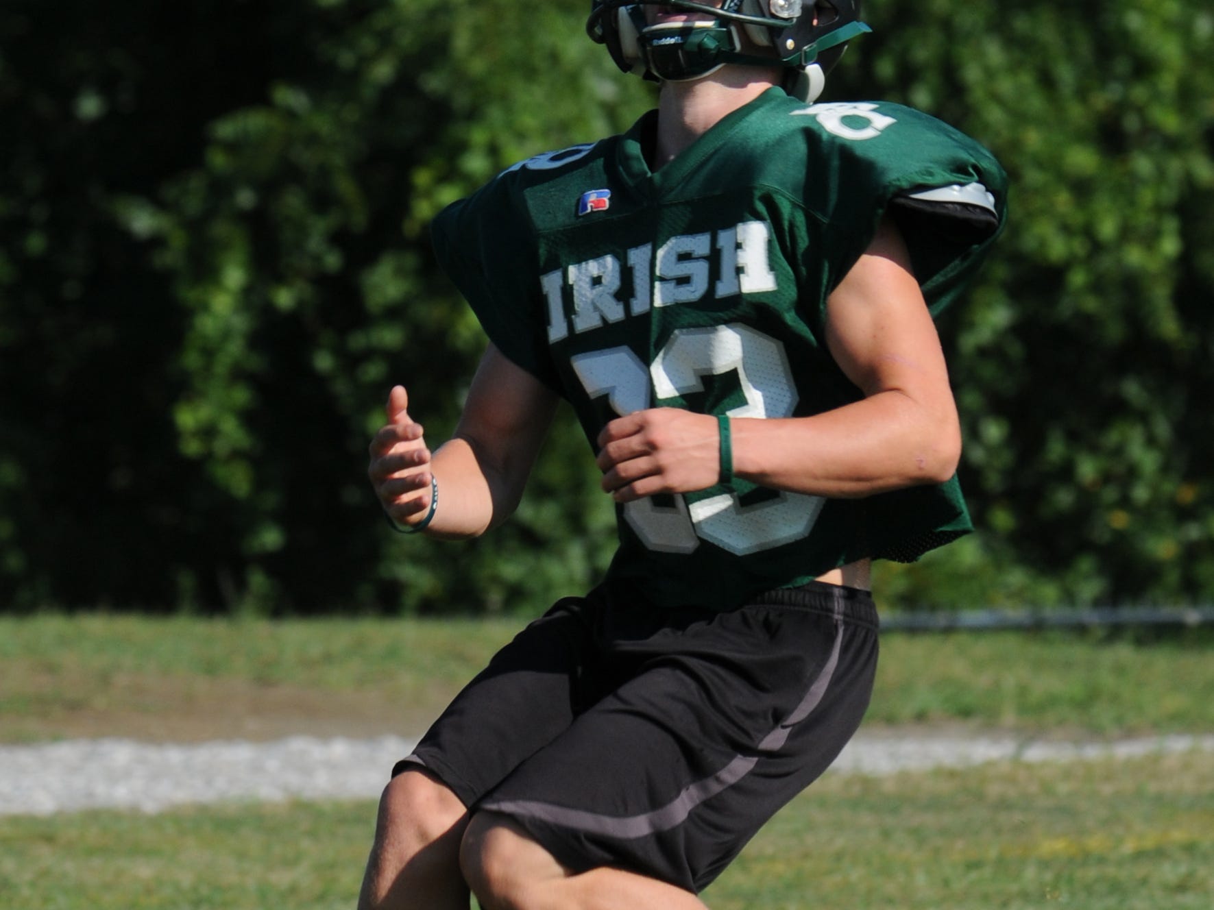  Hayden Muckensturm looks for the ball during practice Thursday morning, Aug. 14, 2014, at William V. Fisher Catholic High School in Lancaster. 