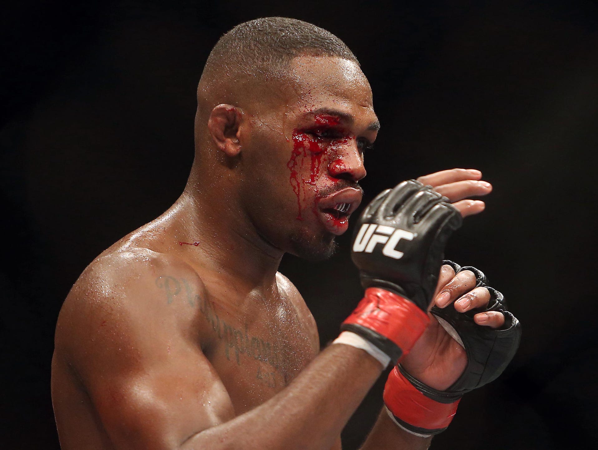 Blood bleeds from a cut on the eye of Jon Jones during his fight against Alexander Gustafsson (not pictured) during their light heavyweight championship bout at UFC 165 at the Air Canada Centre.