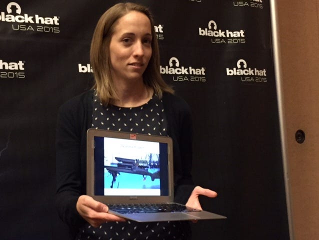 Computer security researcher Runa Sandvik, who together with her husband Michael Auger were able to hack a Tracking Point TP750 precision-guided rifle, cause it to miss its target, disable its computer or turn it off. They presented their findings at