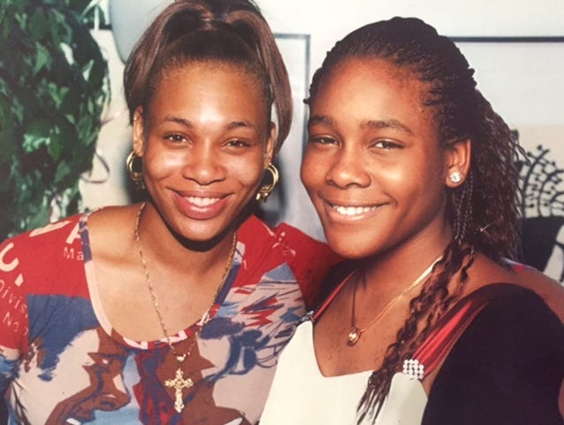 A photo of Ajanae (right) has been superimposed next to one of her mother, Nicole Harris, taken shortly before she was slain.