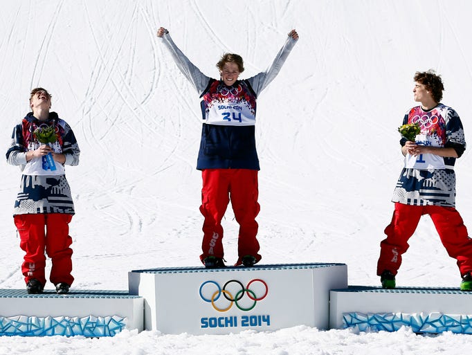 Joss Christensen (USA, 34) wins gold, Gus Kenworthy (USA, 8) wins silver, and Nicholas Goepper (USA, 1) wins bronze in the men's ski slopestyle final during the Sochi 2014 Olympic Winter Games at Rosa Khutor Extreme Park.