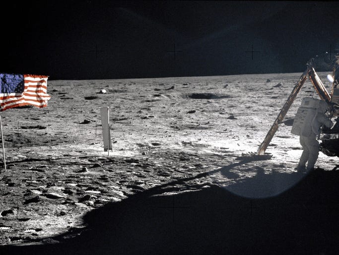 This July 20, 1969 file photo provided by NASA shows Apollo 11 astronaut Neil Armstrong on the lunar surface. Apollo 11 astronauts trained on Earth to take individual photographs in succession in order to create a series of frames that could be assembled into panoramic images. This frame from Aldrin's panorama of the Apollo 11 landing site is the only good picture of mission commander Neil Armstrong on the lunar surface. Armstrong and fellow astronaut Edwin "Buzz" Aldrin spent nearly three hours walking on the moon, collecting samples, conducting experiments and taking photographs. In all, 12 Americans walked on the moon from 1969 to 1972. (AP Photo/NASA, Buzz Aldrin, File)