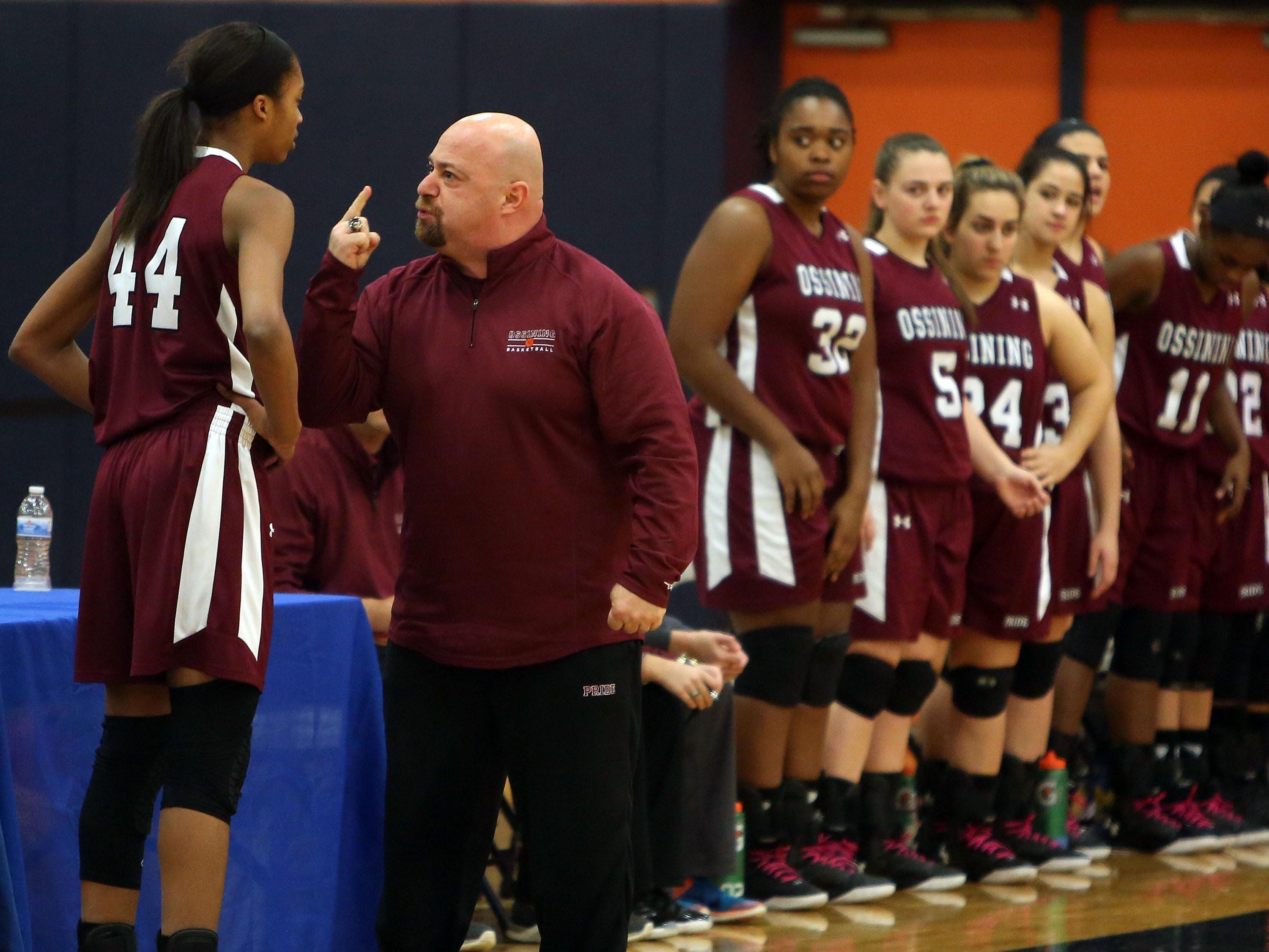 Ossining head coach Dan Ricci expresses displeasure with freshman forward Aubrey Griffin (44) in the girls Class AA regional final at Orange Community College in Middletown March 4, 2016.
