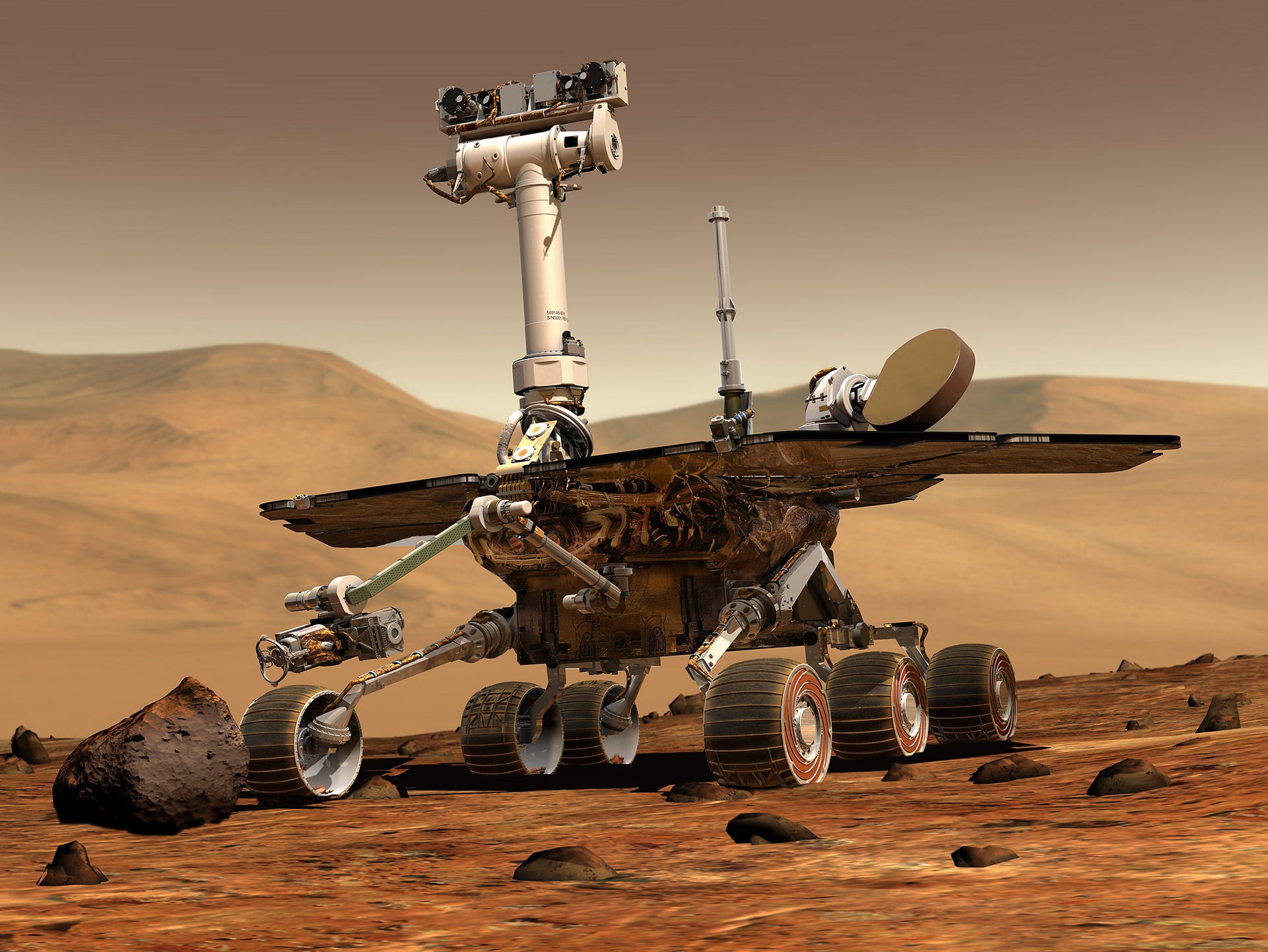 An artist rendering released by NASA shows the rover Opportunity on the surface of Mars.
<p>An exhibition by the Smithsonian National Air and Space Museum in Washington celebrates the images and achievements of the rovers Opportunity and Spirit on the 10th anniversary of their landings on the Red Planet.</p>