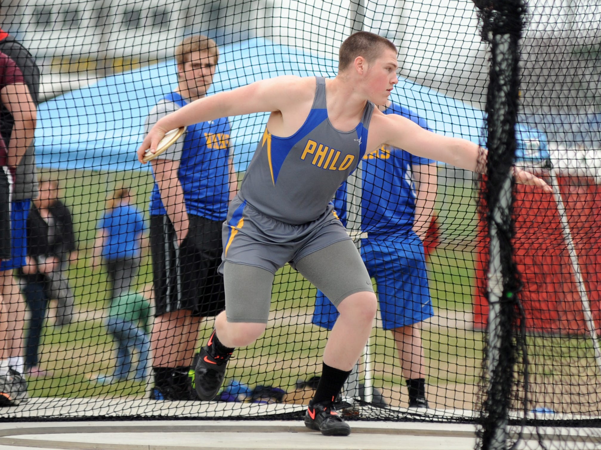 Philo's Payton Henderson competes in the discus throw Tuesday at the Muskingum Valley League relay meet in Duncan Falls.