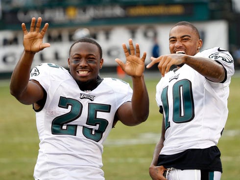 Nov 3, 2013; Oakland, CA, USA; Philadelphia Eagles running back LeSean McCoy (25) and Eagles wide receiver DeSean Jackson (10) on the sidelines during the fourth quarter against the Oakland Raiders at O.co Coliseum. The Eagles won 49-20. Mandatory Cr