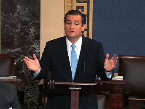 Image from Senate video show Sen. Ted Cruz, R-Texas, speaking on the Senate floor at the U.S. Capitol on Tuesday.