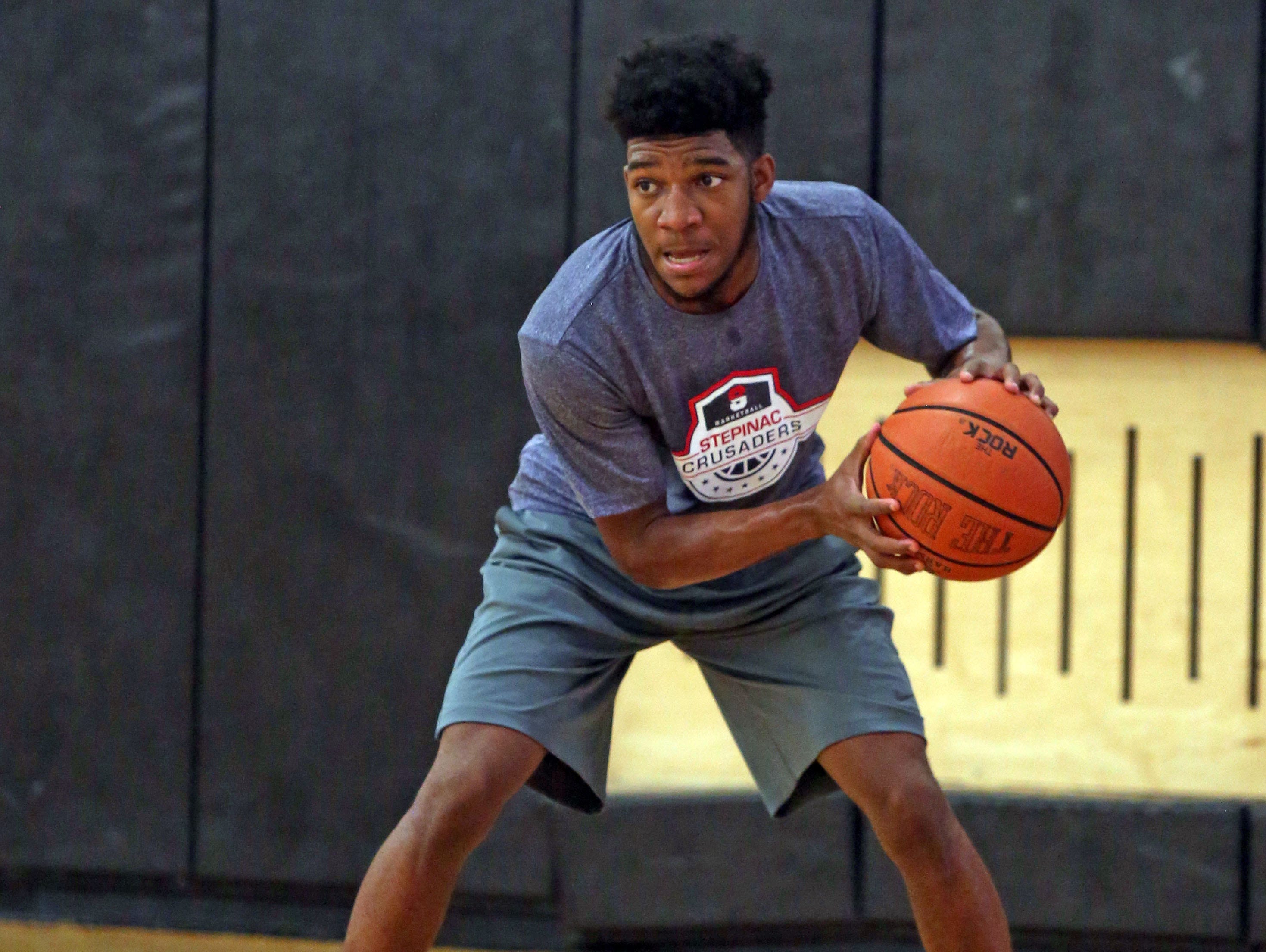 Jorden Means of Archbishop Stepinac during the Hudson Valley boys basketball practice at Croton-Harmon High School on Aug. 2, 2016.