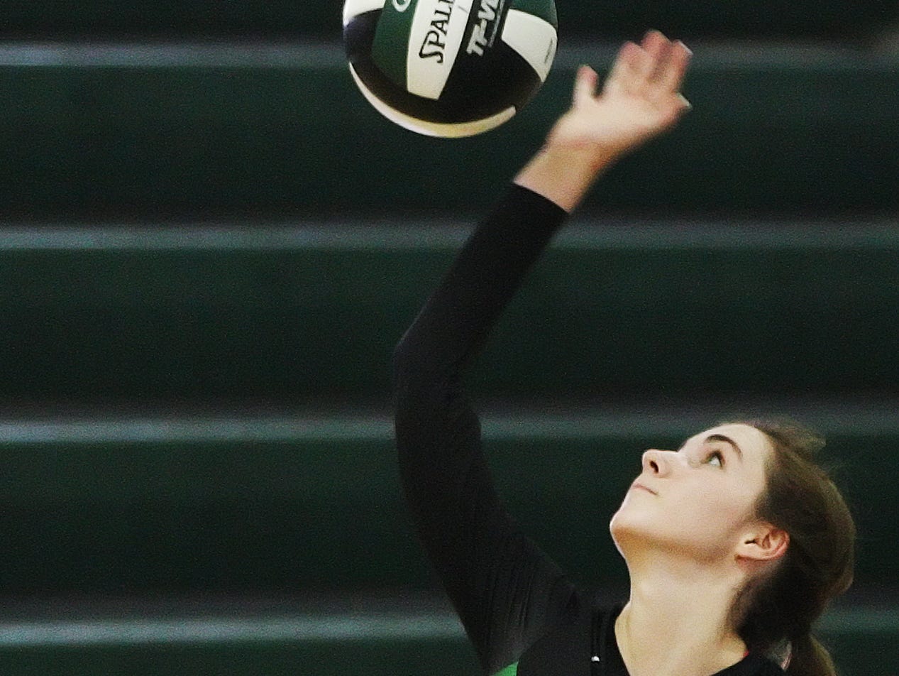 Fort Myers High School's Erin Gear serves against Barron Collier in the Region 6A-3 semifinal volleyball game Saturday at Fort Myers High School. Fort Myers beat Barron Collier 3-0.