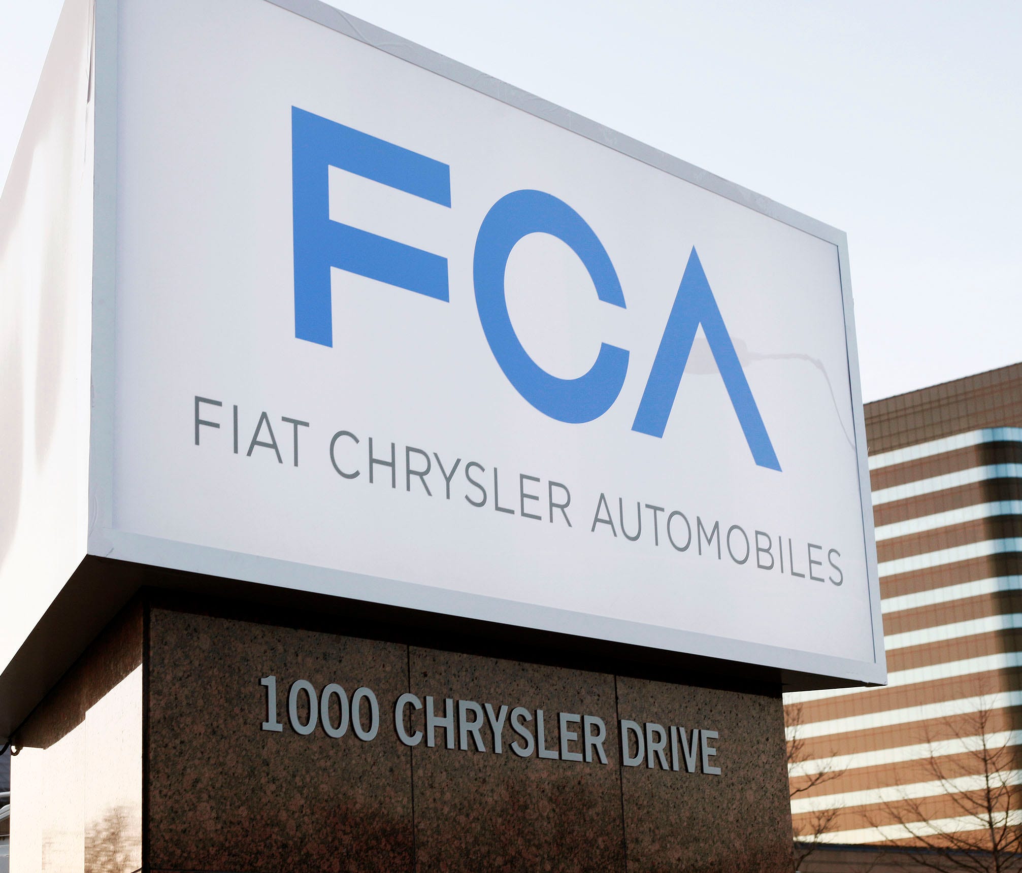 The Fiat Chrysler Automobiles Group sign at the Chrysler Group headquarters May 6, 2014, in Auburn Hills, Mich.