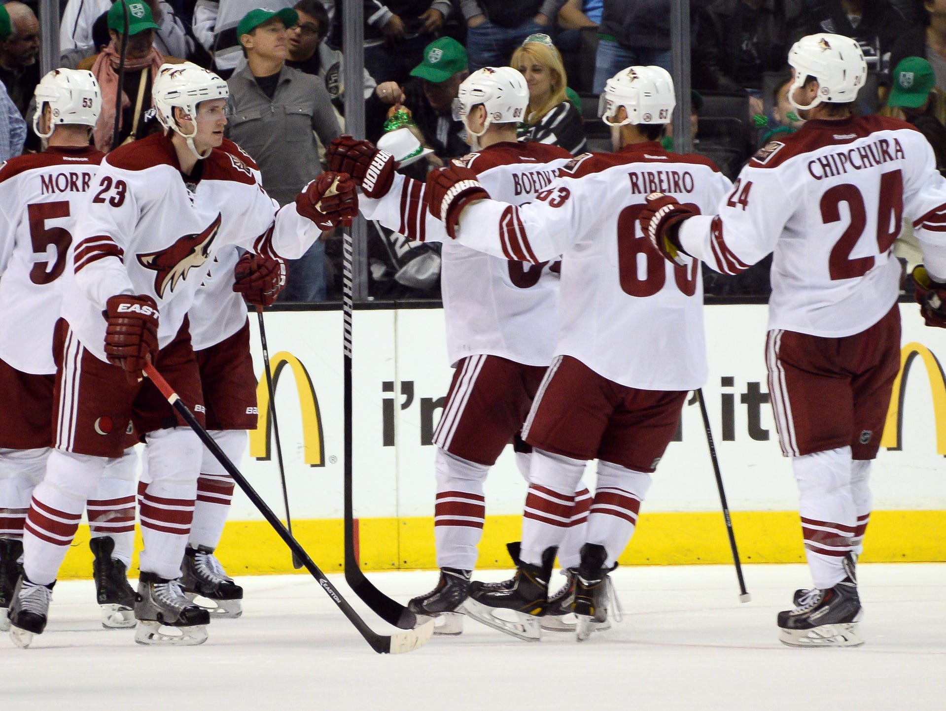 Coyotes celebrate their 4-3 win over the Kings at Staples Center.