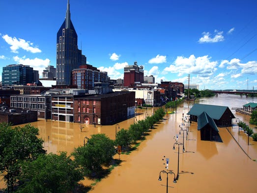 Water from the Cumberland River flooded the riverfront