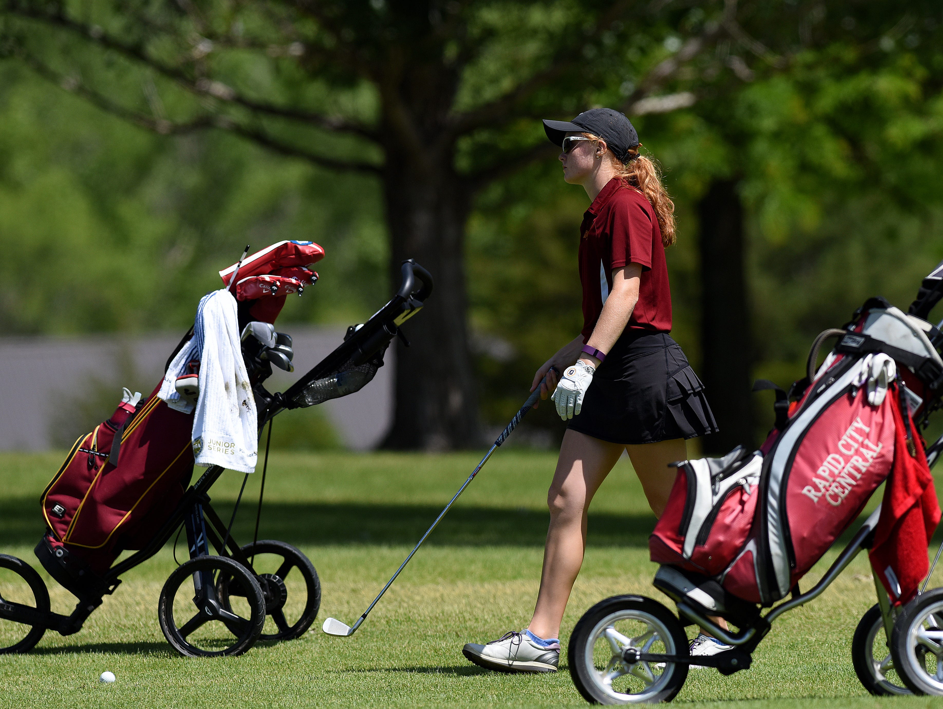 Roosevelt's McKayla Poppens golfs during the girls state golf tournament at Lakeview Golf Course in Mitchell, S.D., Tuesday, June 7, 2016.