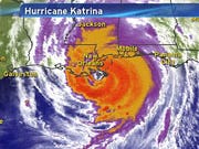 A satellite image of Hurricane Katrina at 6 a.m. ET on Aug. 28, 2005, heading toward Louisiana's coastline.
